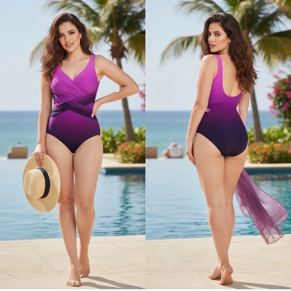 Land’s End Plus size Slenderize one piece Swim Ombré crossover soft cup Various